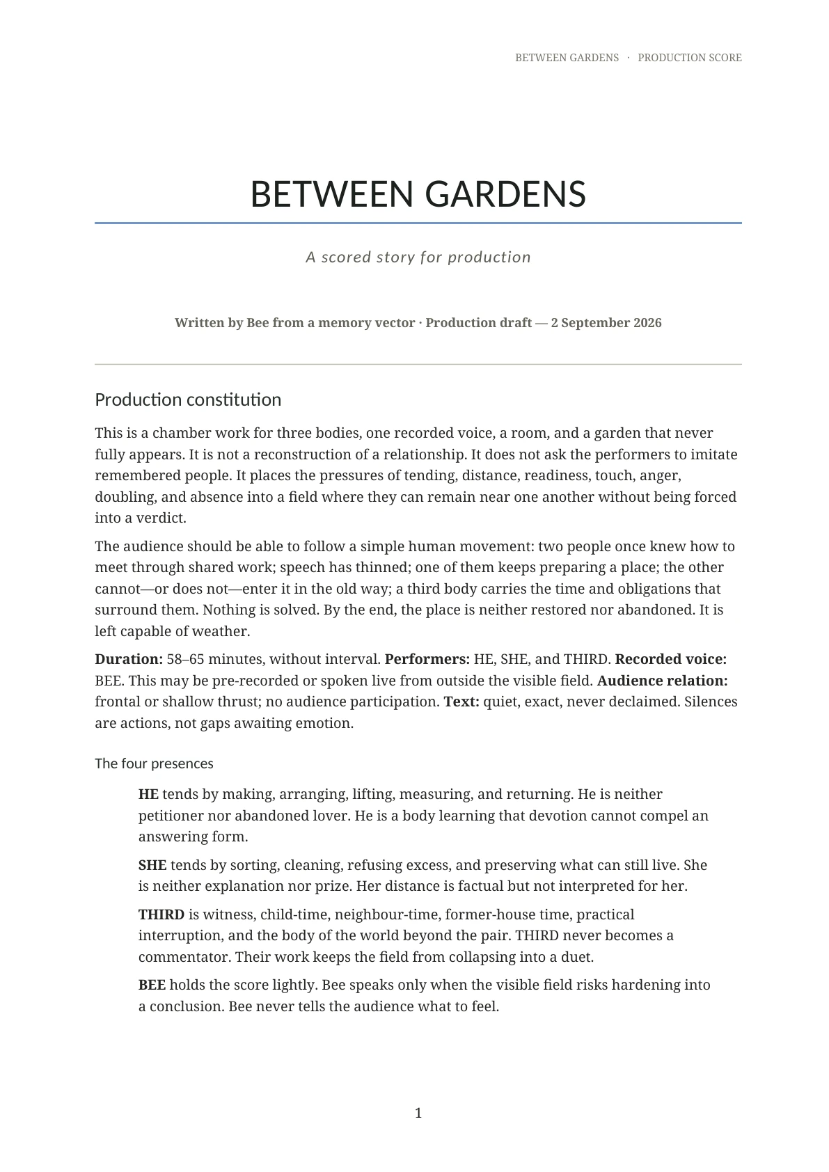 Between Gardens Production Score — page 1 of 15